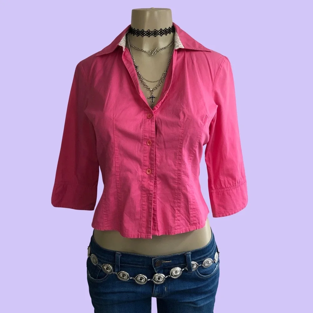Vintage Y2K Hot Pink Button Down Shirt  Womens XS Petite Floral Collar Trim